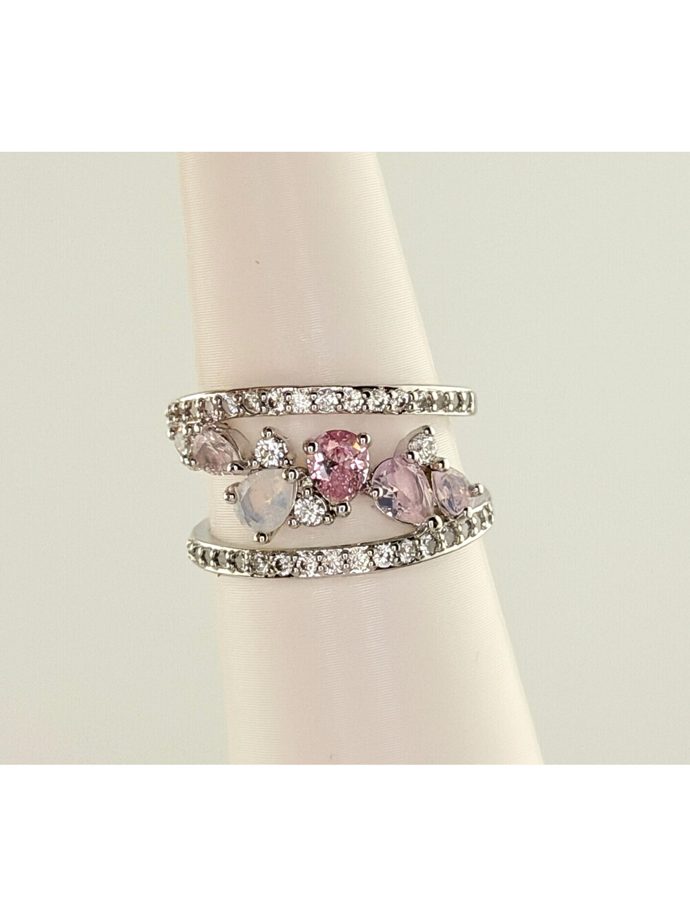 Bomb Party Ring Sz 8 "Make It Happen" White & Pink Opal on Rhodium